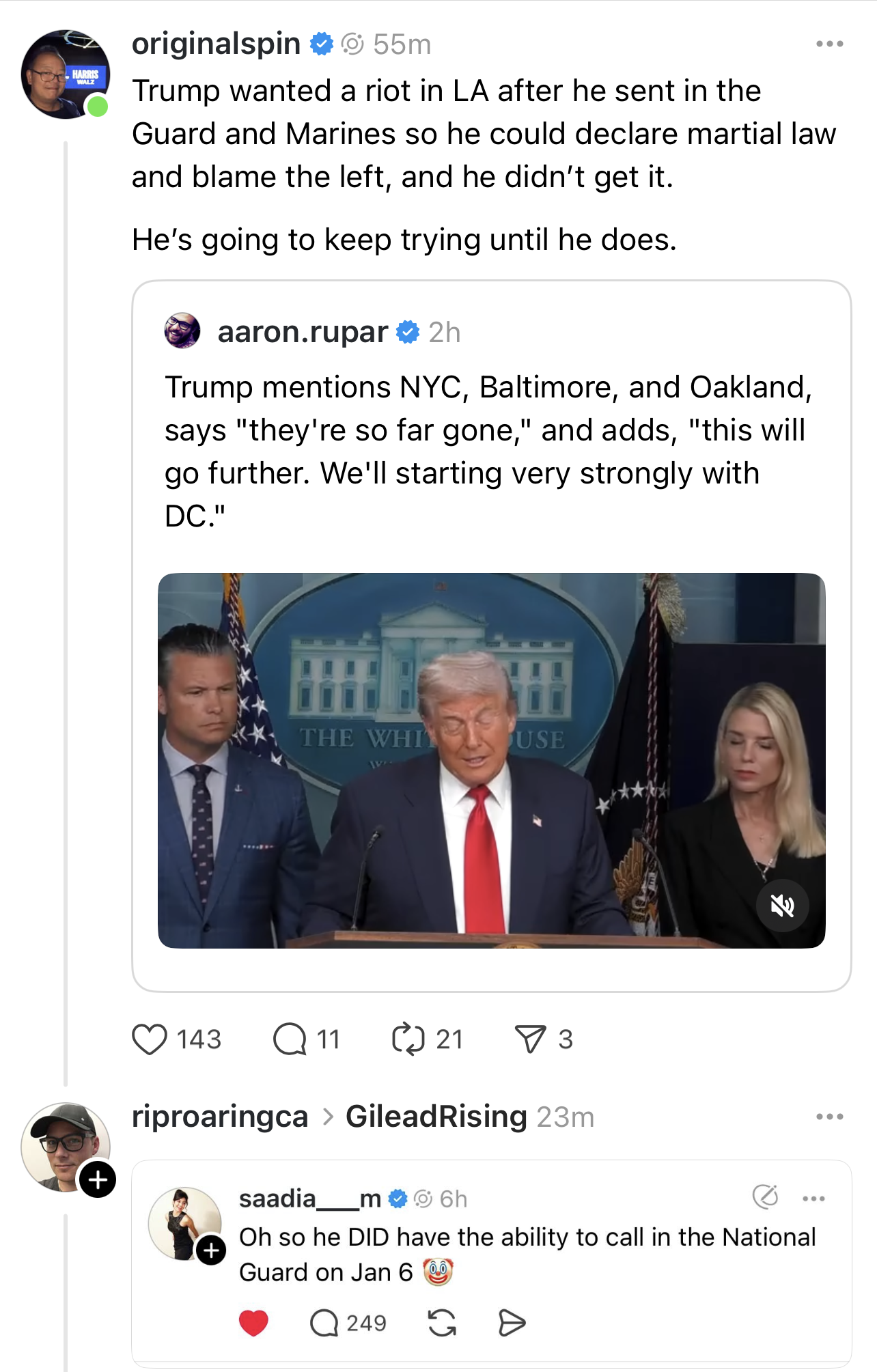 A social media post with comments discusses a news conference featuring a Trump at a podium, alongside two individuals, relating to decisions on national security and civil unrest in DC.&10;&10;The post alluded to Trump actually having the power to call up the national guard to stop the January 6 2021 Capitol riot but didn’t, but now it’s ok to call them up to patrol US cities for no reason. 
