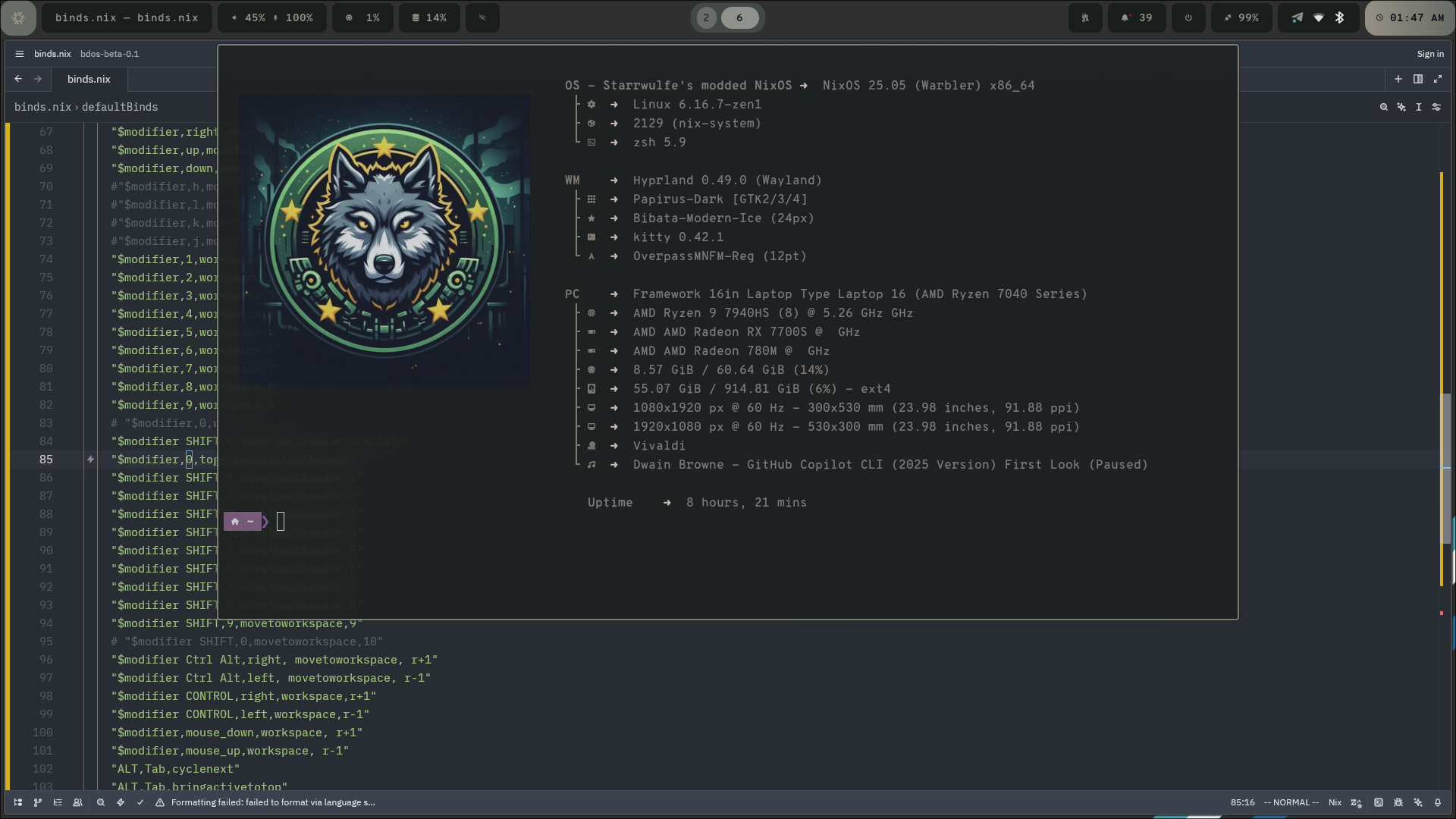 A computer screen displaying a code editor with a stylized wolf logo and system information overlay. It says OS - Starrwulfe's modded NixOS ➜  NixOS 25.05 (Warbler) x86_64 running Linux 6.16.7-zen1 on NixOS using a Framework 16in Laptop Type Laptop 16 (AMD Ryzen 7040 Series)